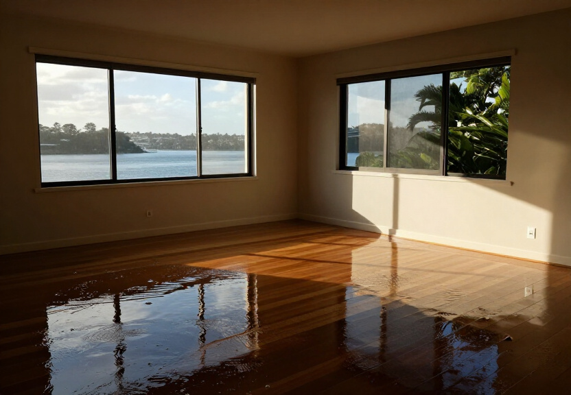 Flooded living room in Oak Flats before restoration